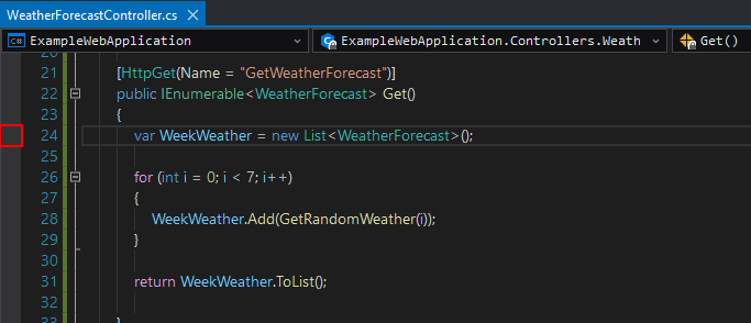 Adding a breakpoint from the Breakpoint indicator